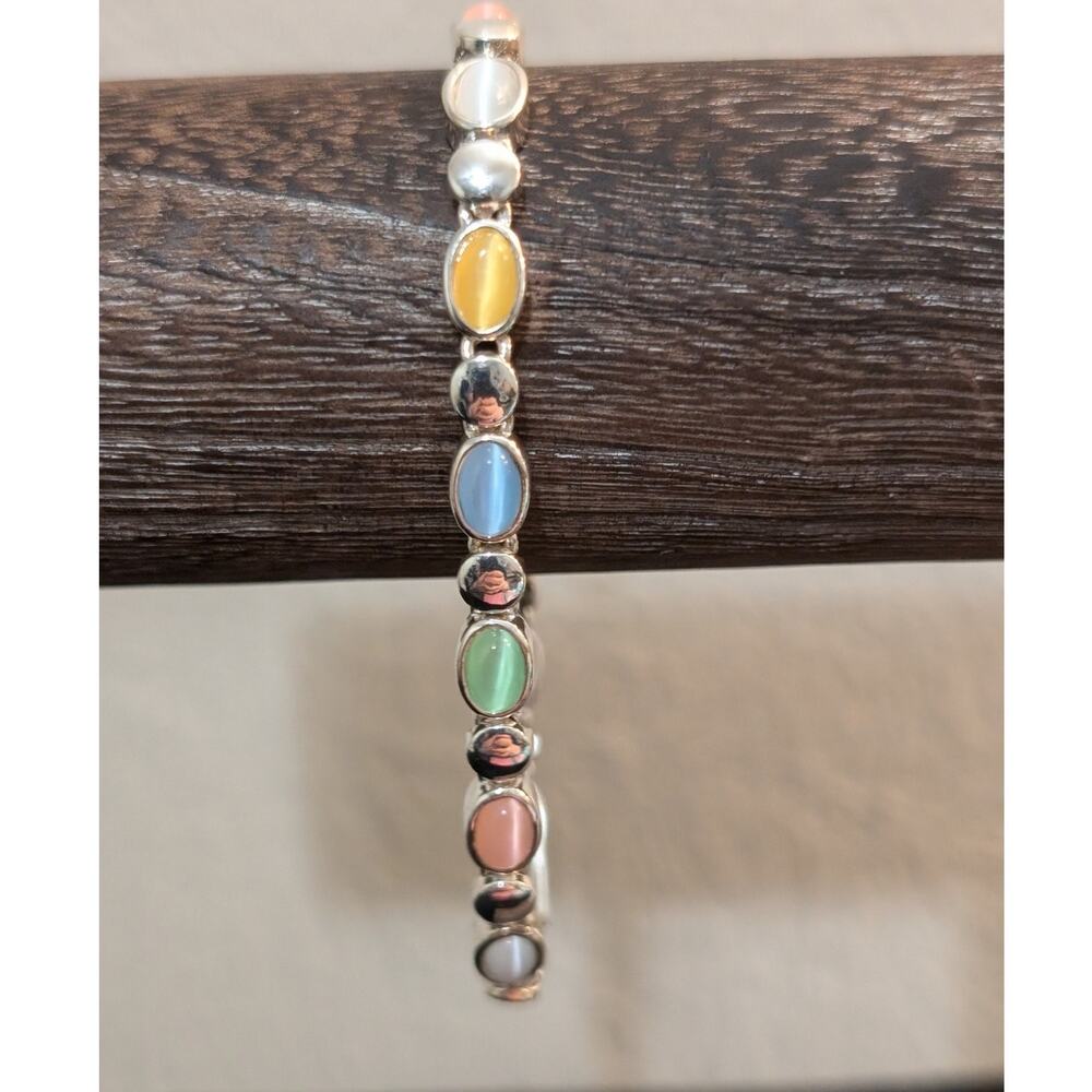 Signed PD Premier Designs Multicolor Pastel Moonglow Cab Silver Tone Bracelet